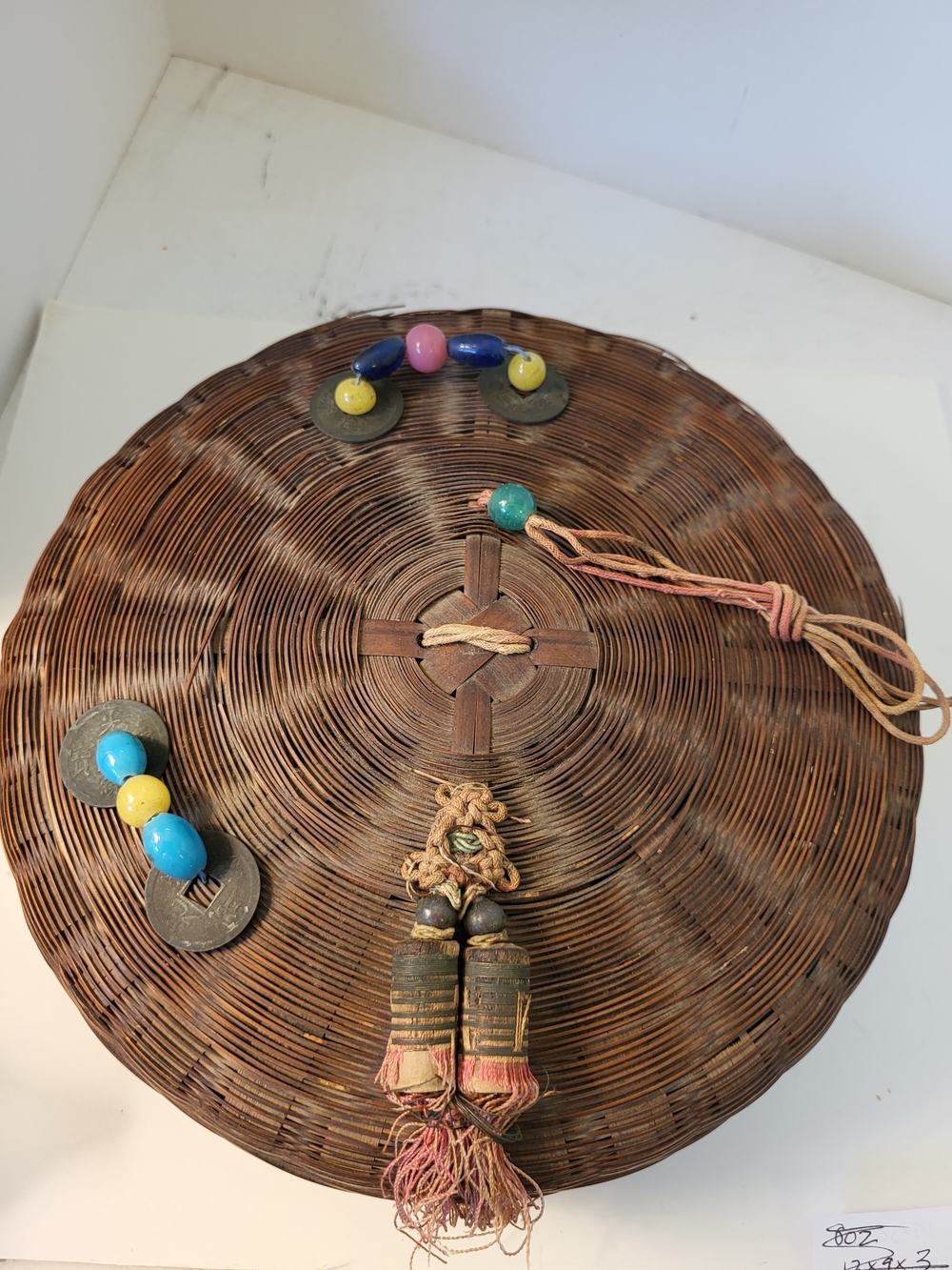 Antique Chinese Sewing Basket Peking Glass Beads Qing Republic Coins 8.5"